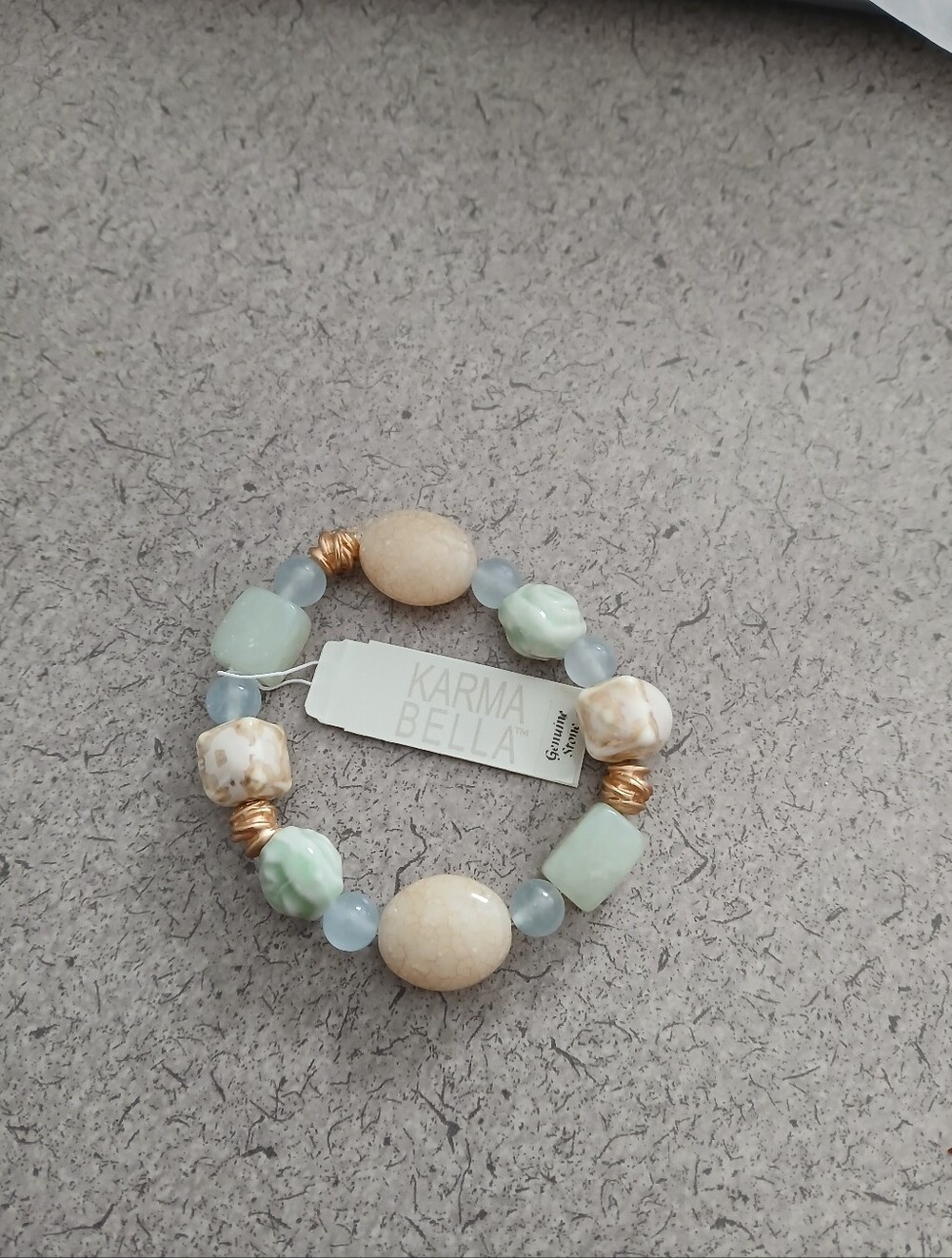 Karma Pastel Mint, Cream & Light Blue Beaded Bracelet with Gold Accents
